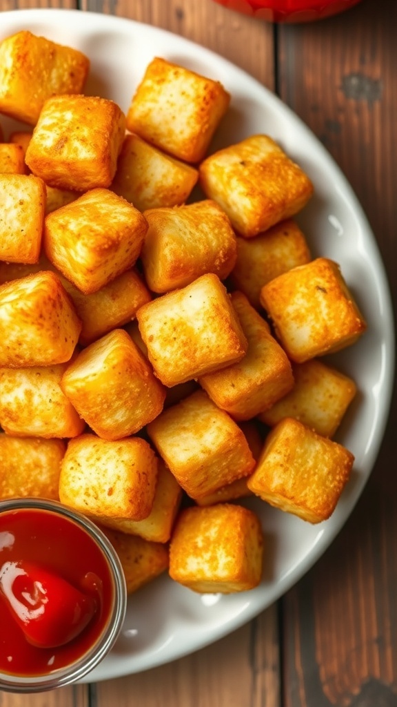Crispy air fryer potato tots served with ketchup on a wooden table.